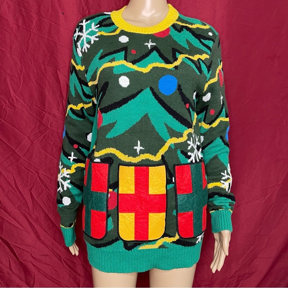 UGLY Christmas Sweater Holiday Tree Gift Pocket Pullover Unisex Medium